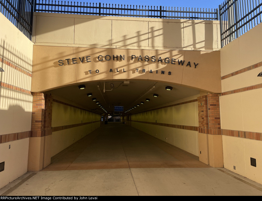 The entrance to the pedestrian underpass from the station to the trains